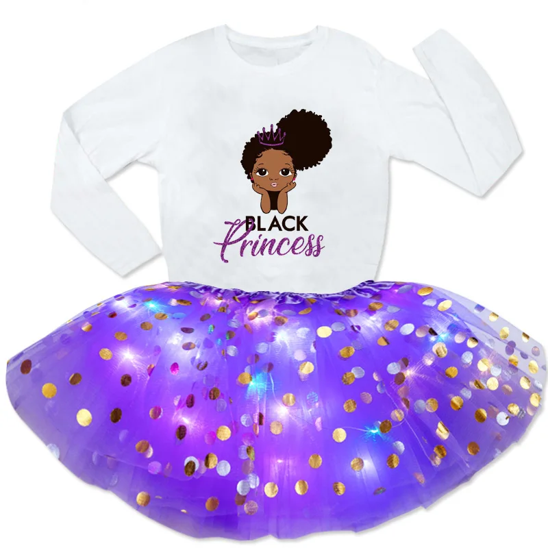 2021 Girls Black African Curly Hair Girls Dress Sequin Glow Set 2 Pc Light Dress+Long Sleeve T Shirt Kids Design Your Name