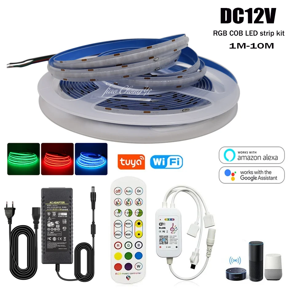 

RGB DC12V 756LEDs/m High Density Flexible FOB COB Linear Led Lights Tape with Tuya WiF 24key IR controller LED power kIT