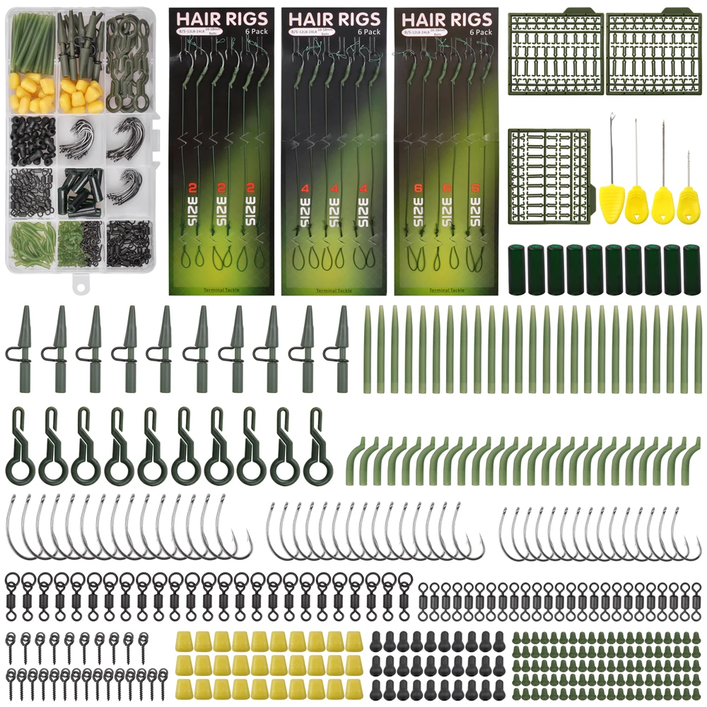 385Pcs/Box Carp Fishing Tackle Kit Including Anti Tangle Sleeves Hook Stop Beads Boilie Bait Screw Swivels Lead Clips Tool