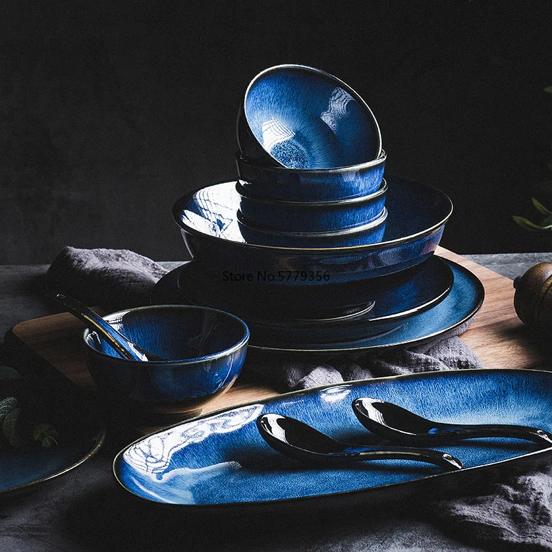 Japanese  Blue Kiln Glazed Ceramic Tableware Set Rice Bowl Plate Spoon Udon Ramen Soup Bowl Dish