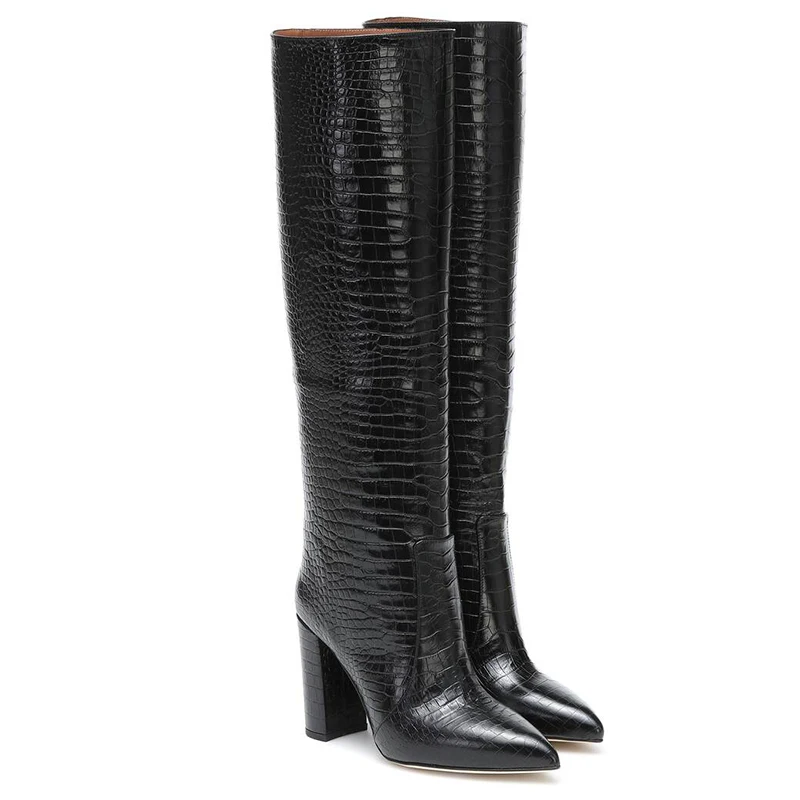 Black Crocodile Women Knee High Boots 2024 Chunky Heel Long Boot Pointed toe Slip on Block Heel Ladies Large Size Winter Shoes