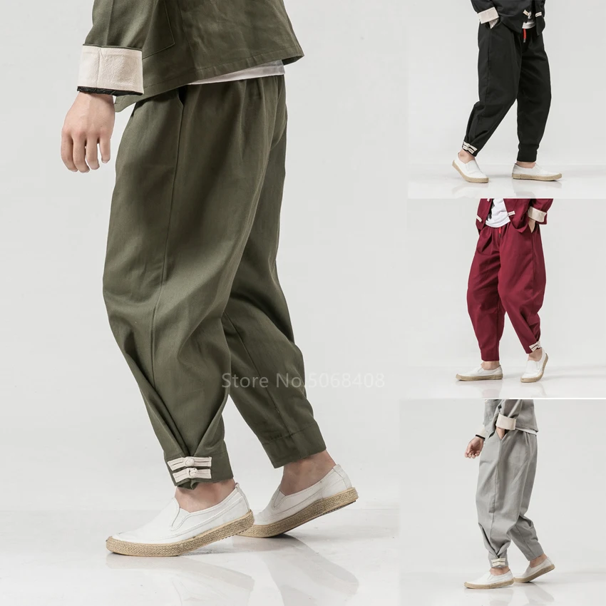 

Asian Oriental Japanese Loose Harem Pants Men Harajuku Streetwear Chinese KimonoTrouser Bandage Haori Samura Ethnic Linen Pants