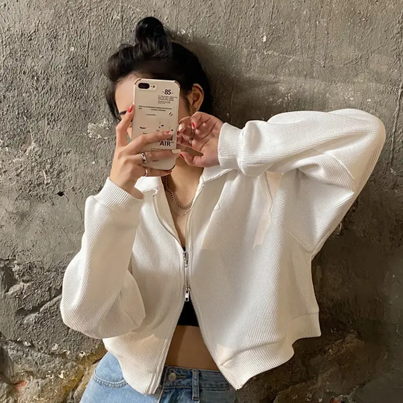 Sweatshirts Women Zipper Turn-down Collar Solid Cropped Loose Streetwear Harajuku Casual All-match Stylish Female Vintage Cozy