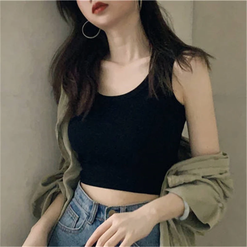 White Knitted Round Neck Women T-shirt Sexy Sleeveless Camisole Crop Top Woman Tight Stretch Tank Top Ladies Tee Top Streetwear