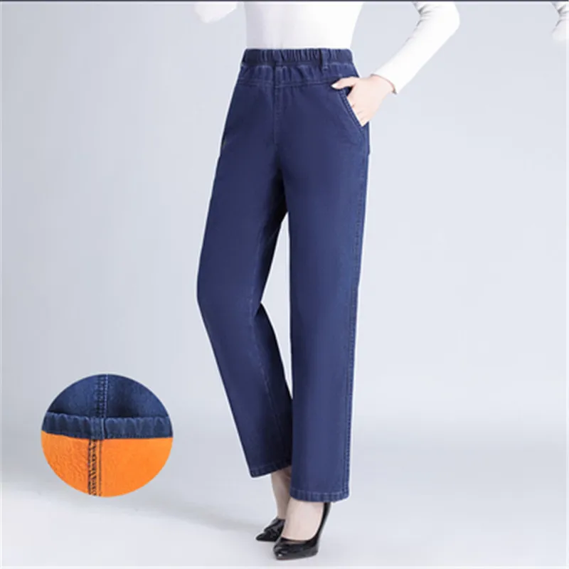 Winter washed and velvet mother's elastic waist trousers thicken straight stretch loose large size middle-aged Women jeans A628