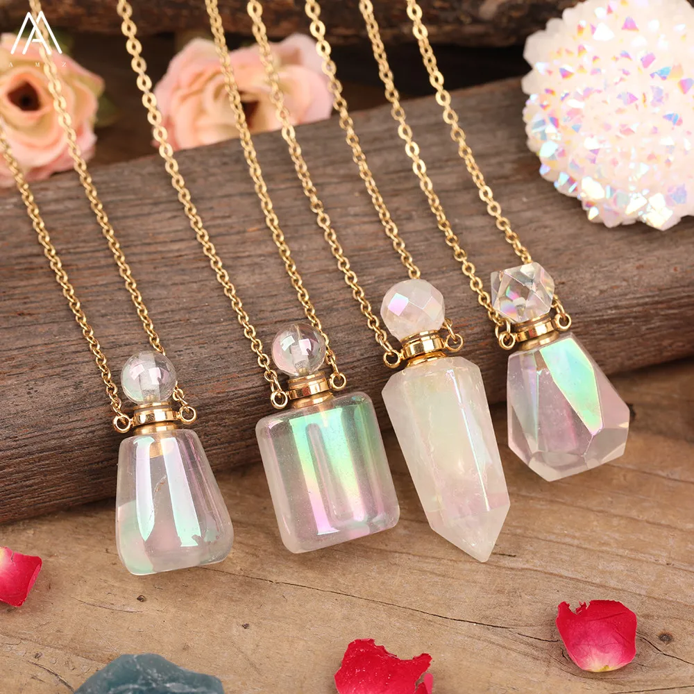 Natural Aura White Quartz Crystal Stone Faceted Heart Rectangle Rhombus Perfume Bottle Essential Oil Pendant Necklace Jewelry