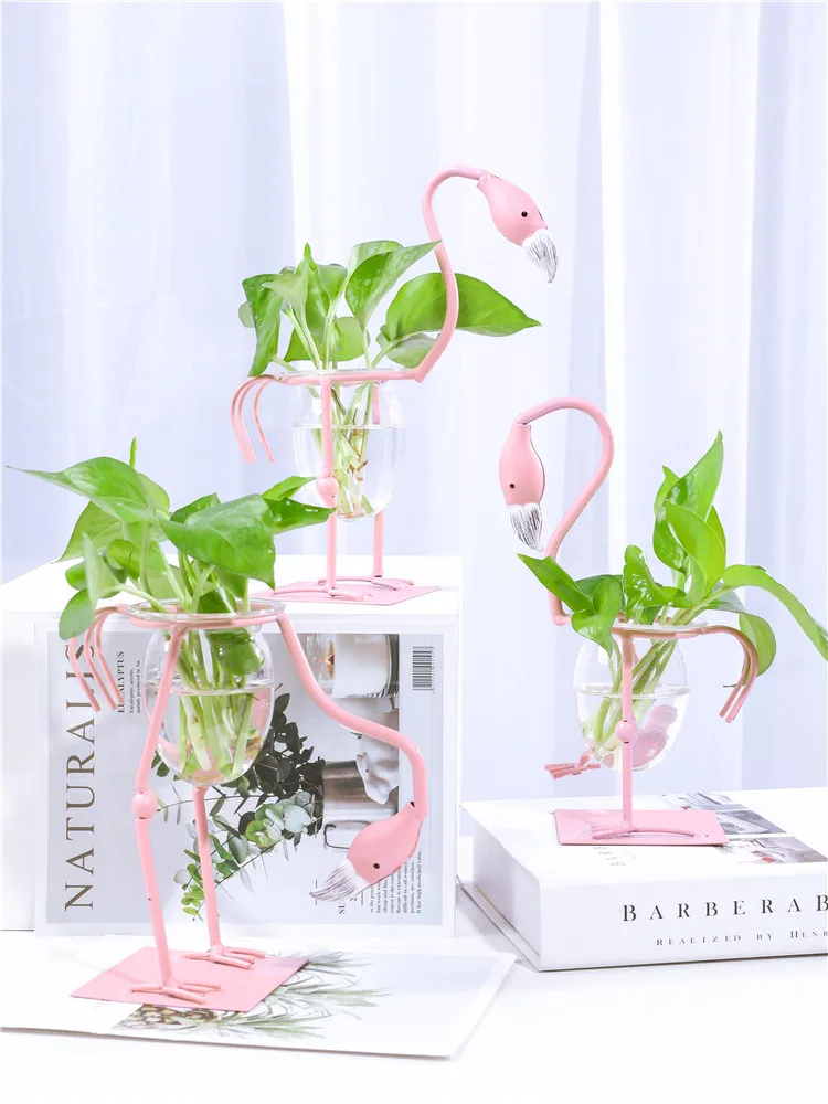 3 Types Pink bird Shape Glass Tabletop Plant Bonsai Flower Wedding Christmas Decorative Metal Vase Home Decoration Accessory