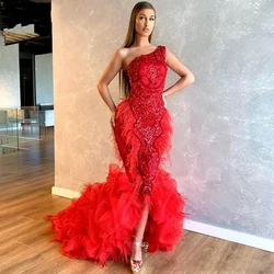 Red Feathers Mermaid Prom Dresses With Appliques Sequins High Low One Shoulder Evening Dress Ruffles African Party Gowns