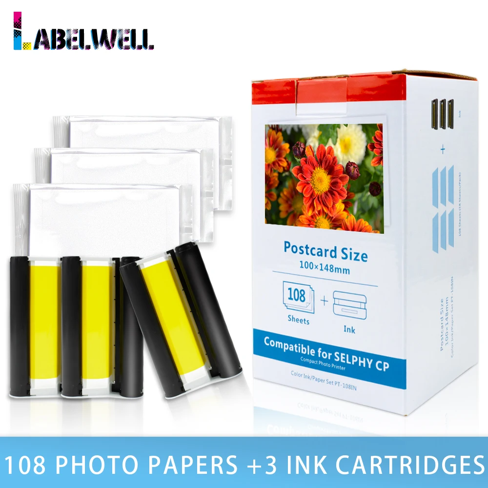 Labelwell Color Ink and Paper Set for Canon Selphy Compact Photo Printer CP1200 CP1300 CP910 CP900 KP 108IN KP-36IN Cartridge