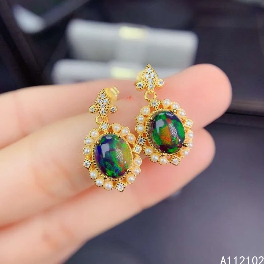 

KJJEAXCMY 925 sterling silver inlaid natural black opal luxury girl earrings new gemstone ear stud support test Chinese style