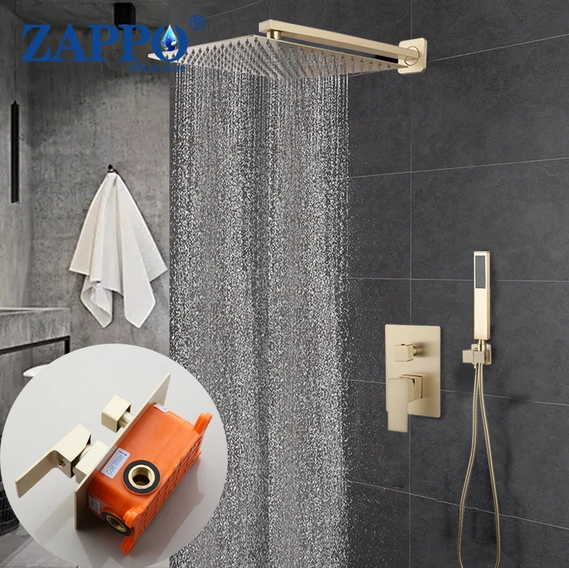 

ZAPPO Luxury Brushed Gold Rainfall Bathroom Shower Set Wall Mounted Solid Brass Ultrl-thin Square Shower Head Hand Faucets Kits