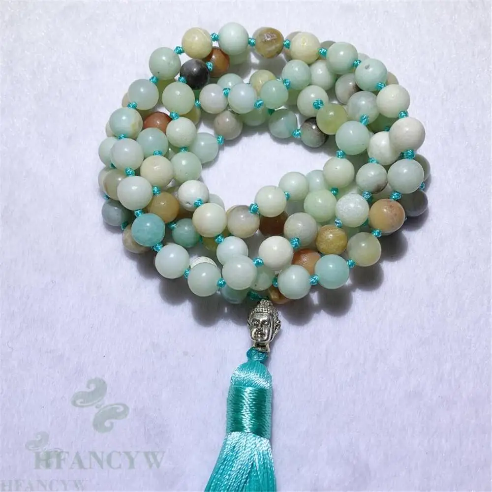 

8mm Amazonite 108 Beads Buddha Knotted Tassel Necklace Mala Spirituality Yoga Mala Lucky Buddhism Wrist Handmade Meditation