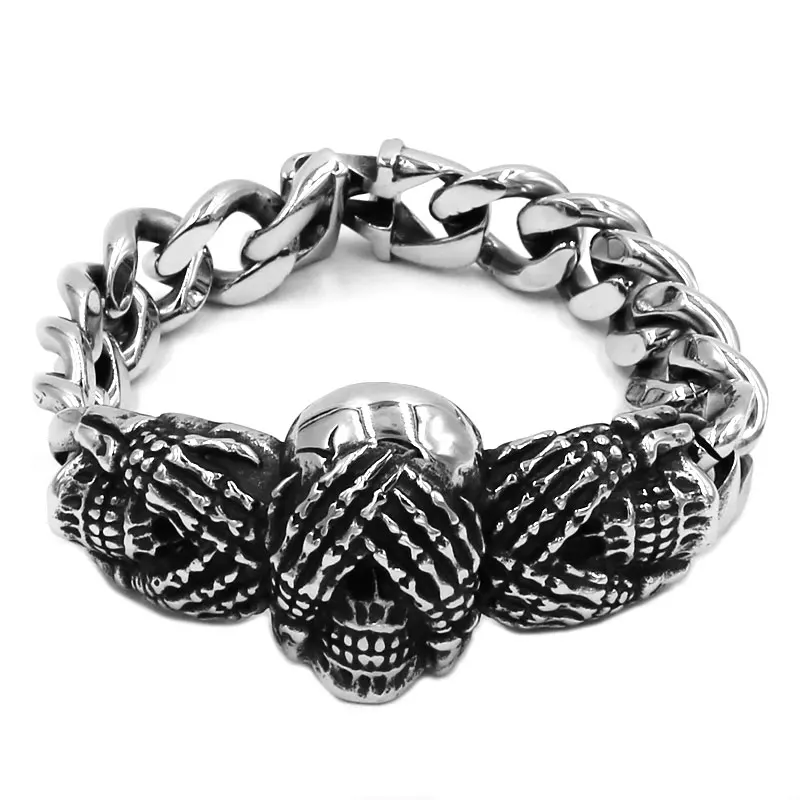 Hat Cross Skull Bracelet Stainless Steel Titanium Jewelry Large Personality Hands Cover Skull Biker Mens Boys Bangle SJB0348