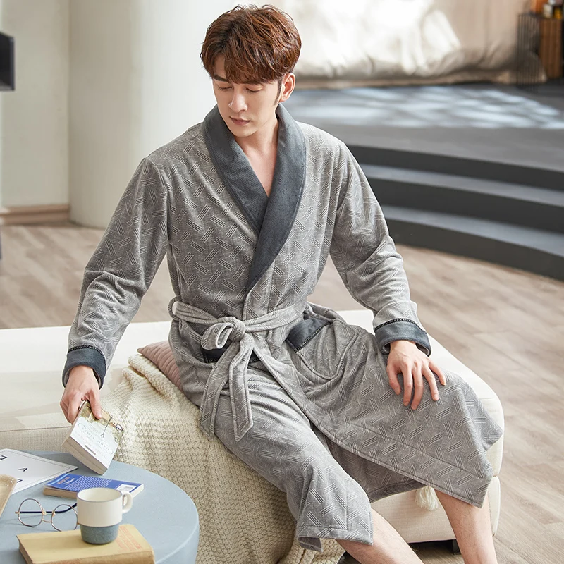 Autumn Winter Bathrobe Men Island Fleece Sleep Top Kimono Robes For Male Geometric Print Long Bath Robe Bride Robe Dressing Gown