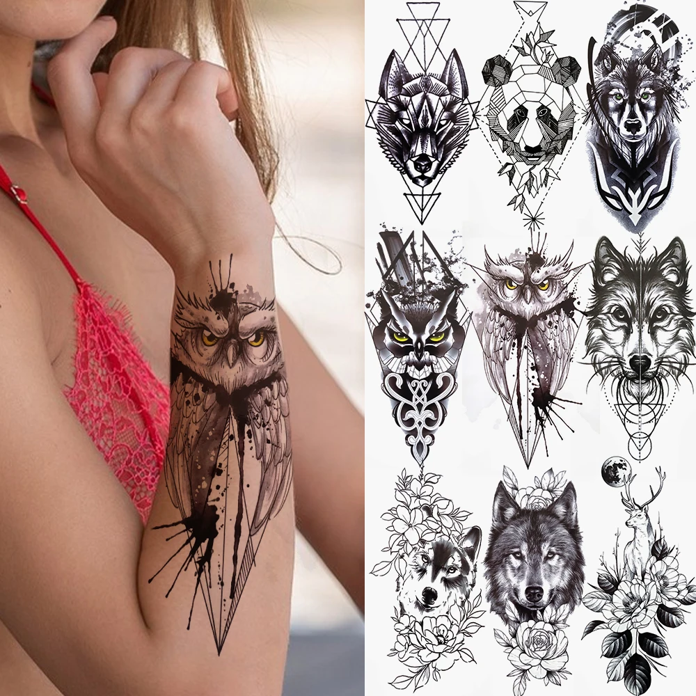 Geometry Owl Temporary Tattoo For Women Fake Wolf Tiger Deer Triangle Tatoo Sticker Black Moon Flower Body Art Tattoos Paper