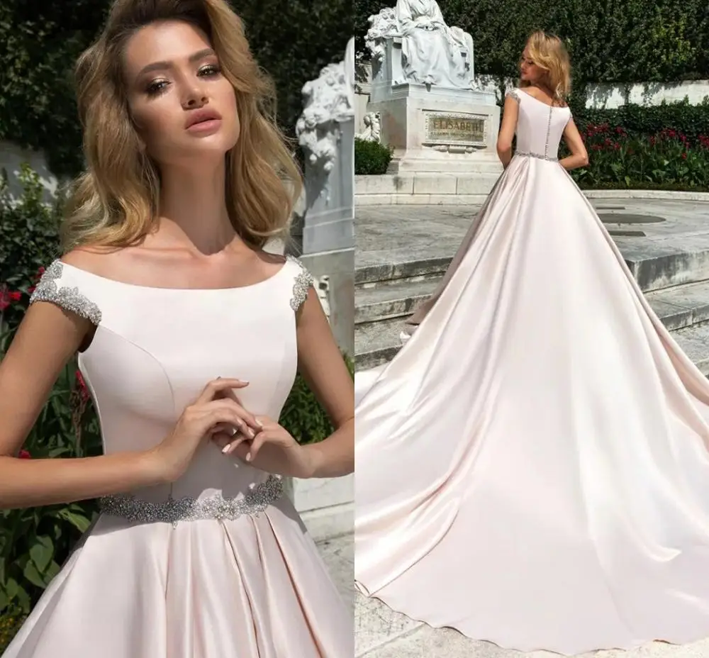 Vestidos de casamento de cetim elegante mais tamanho vestido de casamento boné manga botão miçangas pérolas vestidos de noiva mais tamanho