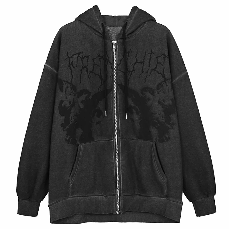 Vintage Hoodies Mens Hip Hop Streetwear Angel Print Jacket Harajuku Cotton Fleece Jacket Oversized Zip Sweatshirt Y2K Clothing