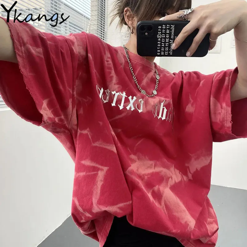 

Distressed Tie-dye Letter Print Couple T-shirt Summer All-match Loose Women Short Sleeves New Outdoor Leisure Ladies Sports Top