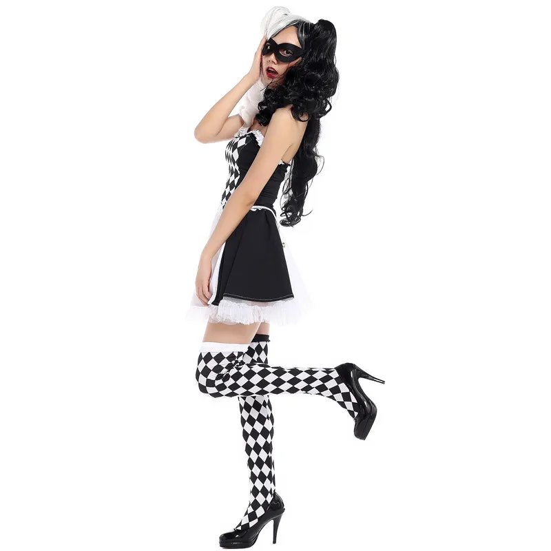 

Black And White Plaid Women Halloween Circus Clown Costumes Female Droll Joker Cosplay Carnival Purim Bar Role Play Party Dress