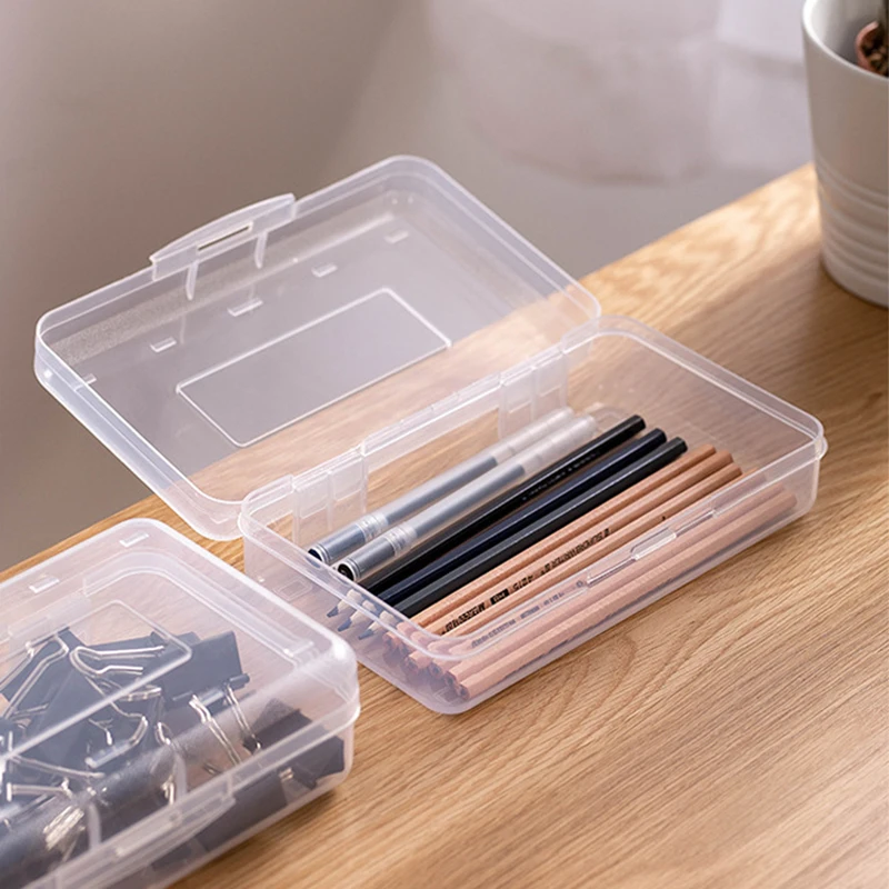 HOT Simple Pencil Case Clear Hard Large Capacity Makeup Brush Pen Storage Box Organizer for Office Students Snap Closure