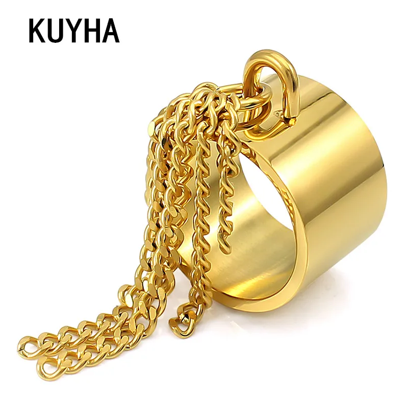 Retro Punk Exaggerated 316L Stainless Steel 10MM Wide Ring Chain Tassel Ring for Women Girls Present Laser Name/Word Jewelry