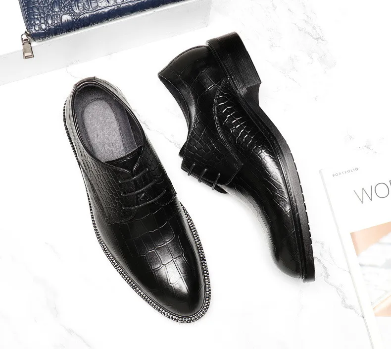 Genuine Leather Dress Men Shoes Trendy Embossed Leather Wedding Shoes Mens Formal Suit Round Toe Lace-Up Derby Shoes Work Shoes