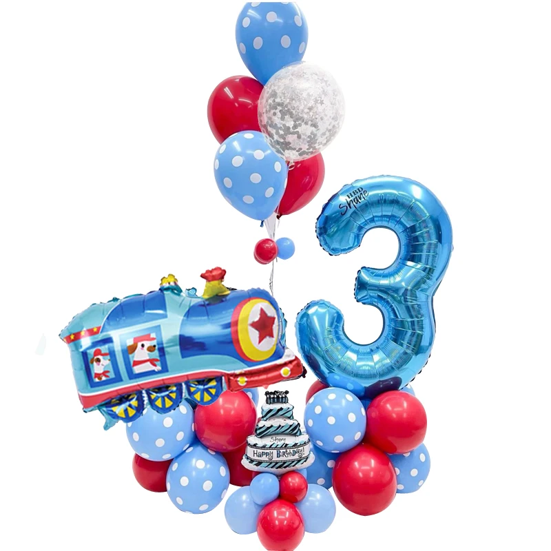 26pcs Train Traffic Balloons Blue Dot Latex Helium Ballon Silver Confetti Kids' Cake Birthday Party Decorations Baby Shower Boys