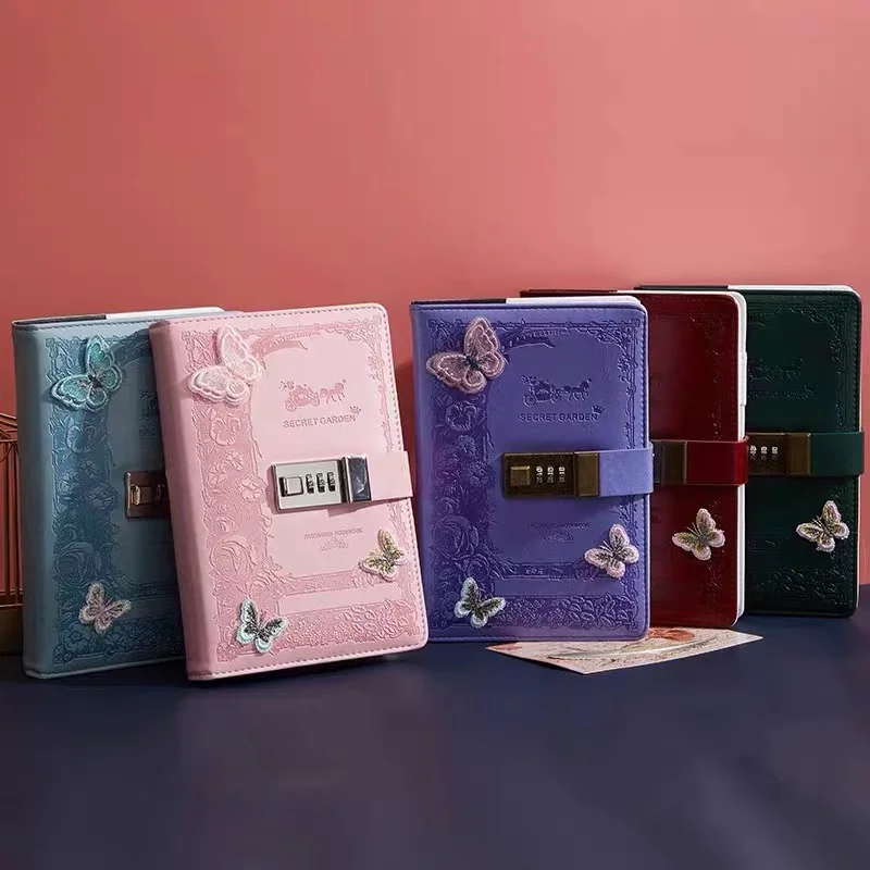 Retro Password Notebook Butterfly modeling with Lock line Diary Journal PU Notepad Planner School Stationery Supplies