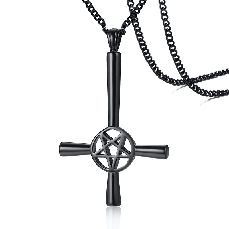 Cool Inverted Five-pointed Star Cross Necklace Stainless Steel Lucifer Satan Symbol Pendant 24 inch