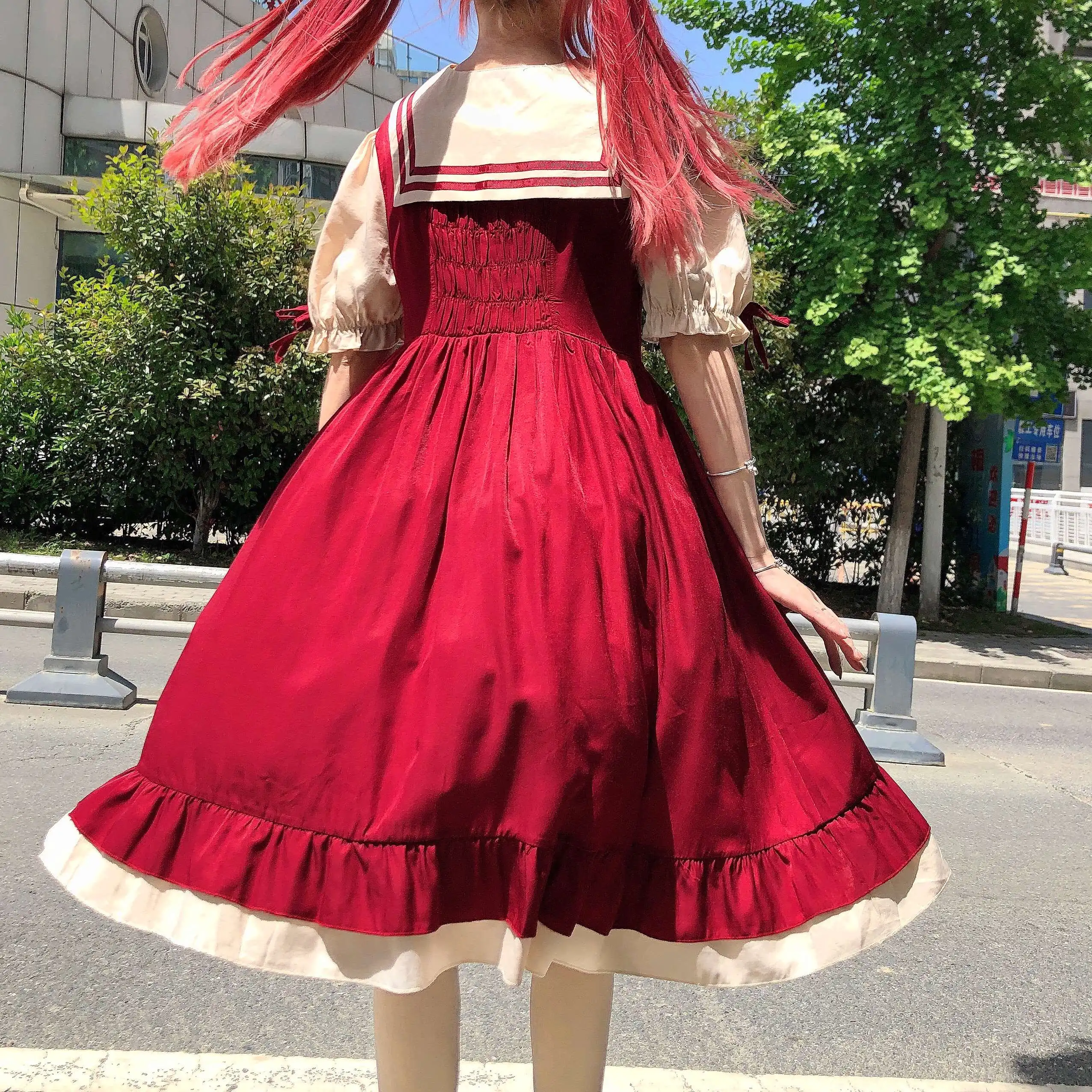 Vestido de verano de manga corta para mujer, estilo japonés, Lolita ligero, diario, contraste de Color, con cordones, cuello de marinero, Swing grande