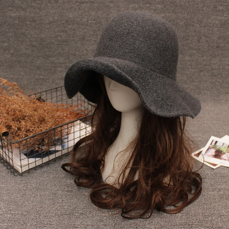 New Elegant Sheep Wool Cap Knitting Big Brim Fedora Hat Winter Thick Female Fashion Winter Hat Accessories