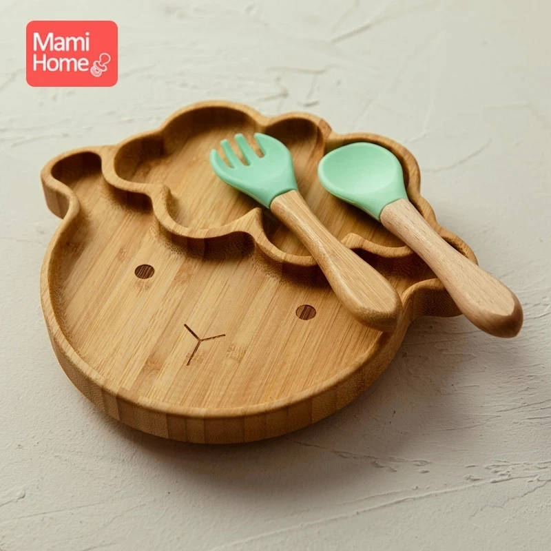 1Set Custom Baby Feeding Food Plates Bamboo Plate Sheep Waterproof Silicone Fork Spoon BPA Free Tableware Children's tableware