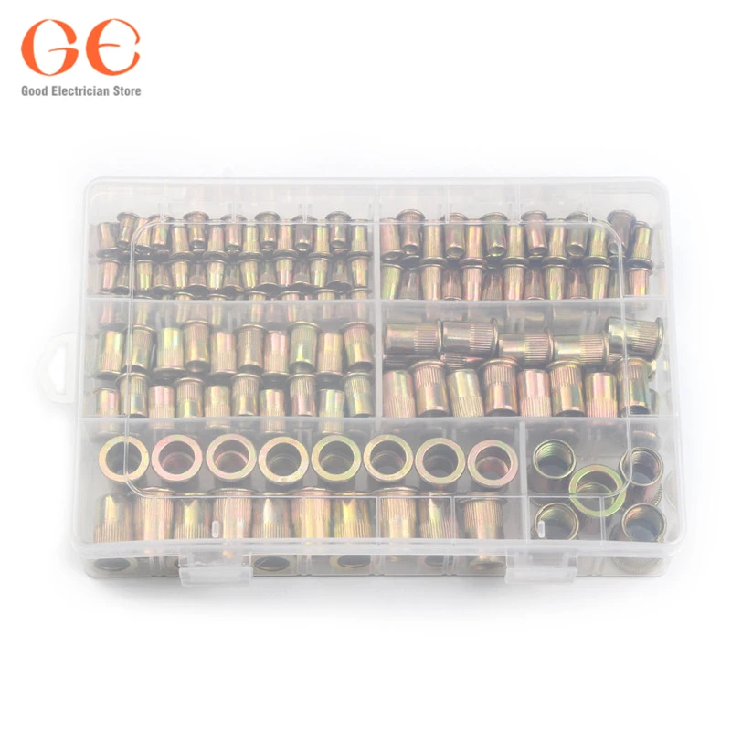 

165/210PC Carbon Steel Zinc Plated Knurled Nuts Flat Head Threaded Rivet Insert Nutsert Cap Rivet Nut Assortment Kit M3-M12