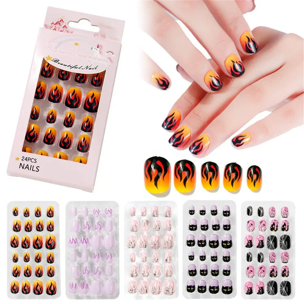 24 Pcs/set False Nail Tips Flame Full Cover Detachable Press on Nails Art Fake Nail Art for Kid Children Girls DIY Manicure Tips