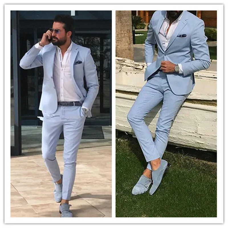 

Light Sky Blue Slim Fit Men Suits Notched Lapel Groomsmen Beach Wedding Tuxedos For Men Blazers Two Pieces Formal Suit1105