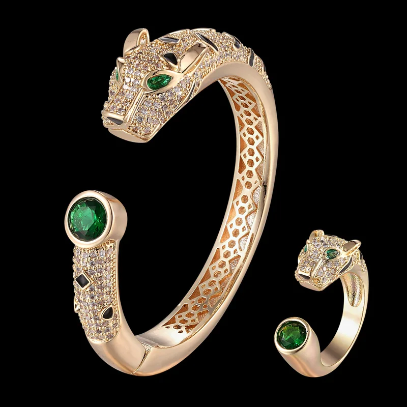 Zlxgirl Brand Green Eye Leopard bangle and Ring Jewelry Set for wedding fine bridal bracelet couple zorconia bracelet anel set