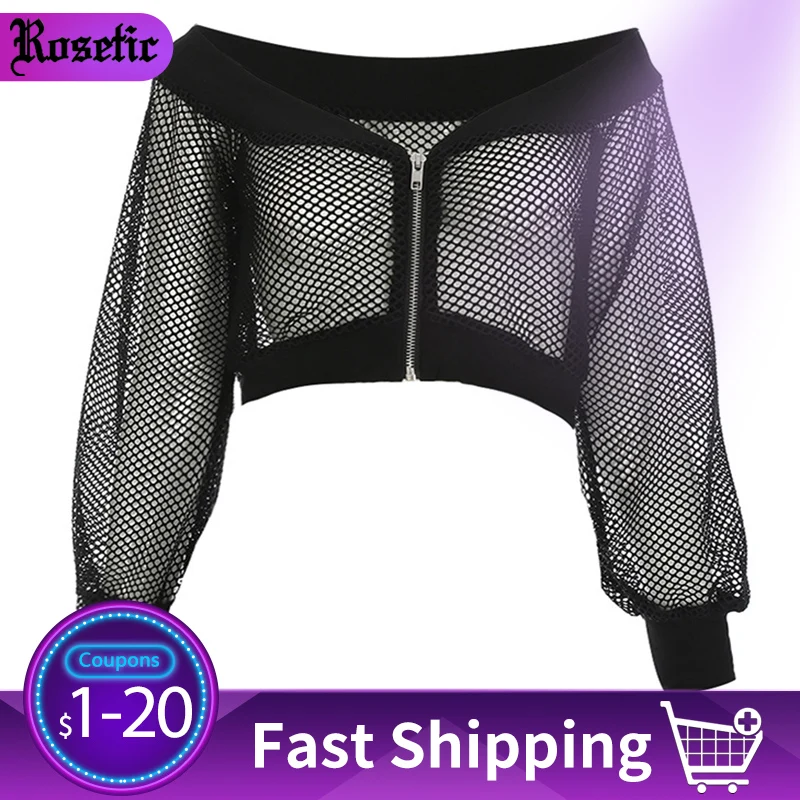 Rosetic Gothic Sexy Short Women camicetta Black Mesh See-Through Slash Neck Hollow Off spalla manica lunga Club Street Goth camicetta