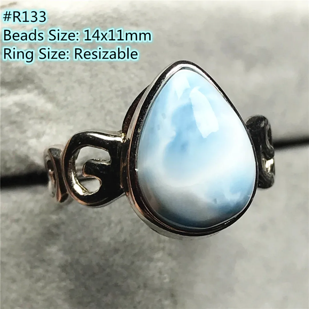 

14mm Natural Larimar Stone Ring Jewelry For Woman Man Gift 925 Silver Blue Crystal Beads Water Pattern Adjustable Ring AAAAA