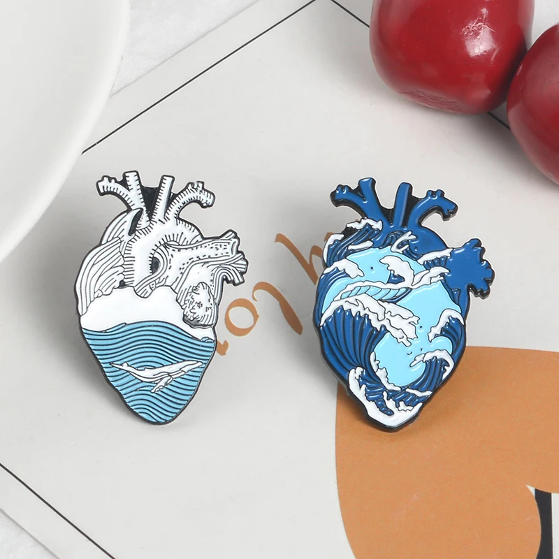 Ocean Wave and Whale Badges Blue Human Heart Lapel Pins Anatomical Heart Enamel Pin Heart Anatomy Brooch Women Jewelry Gifts