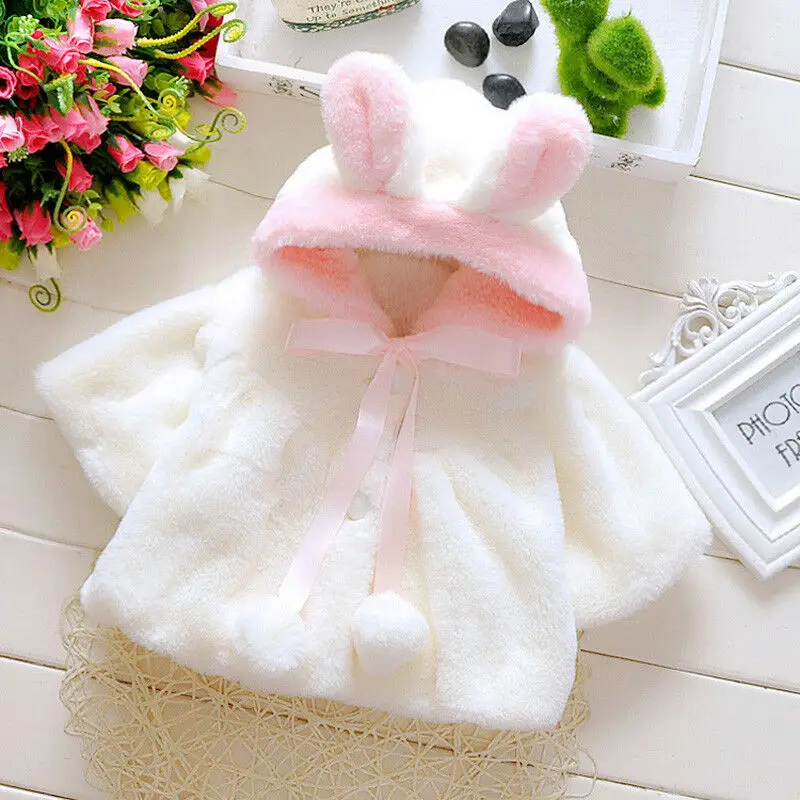 Winter Baby Girls Fur Warm Coat Newborn Cute Rabbit Ears Outerwear Cloak Jacket Kids Clothes