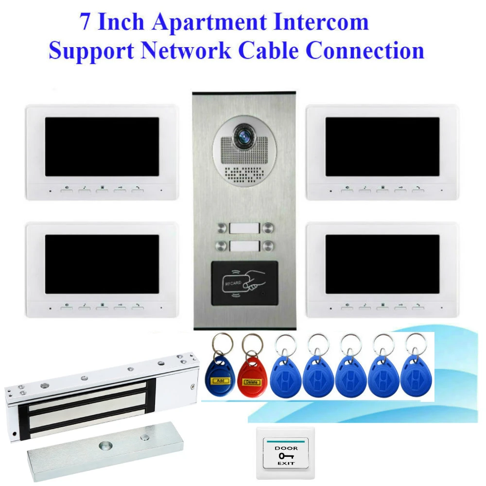 

For 2/3/4 Apartments Video Intercom System Door phone Door bells Villa Security System Rfid Unlock 7inches Color Monitors Lock