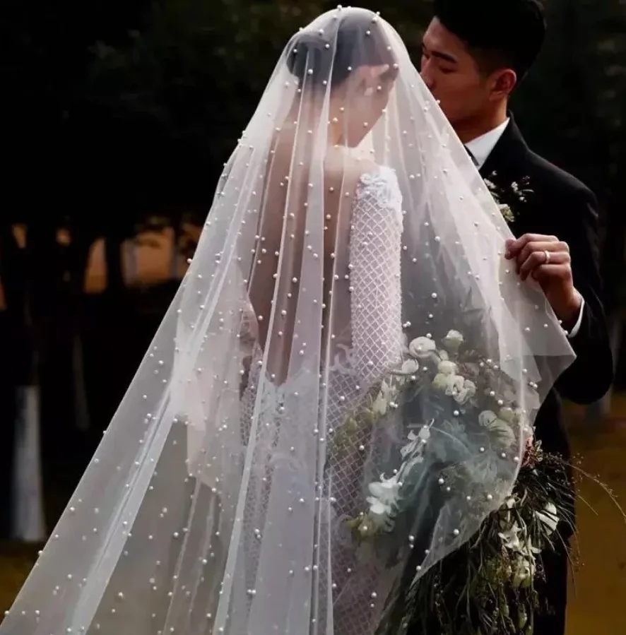 Velo de novia largo de una capa, sin peine, color blanco/Marfil/champán, colorete, con perlas, 3 metros