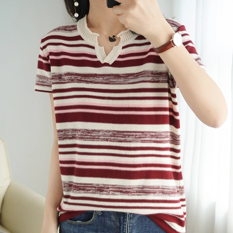 100% Cotton Short-sleeved Summer New Women's V-Neck Slim Pullover Tee Women's Plus Size Color stripe Knitted Bottoming T-shirt