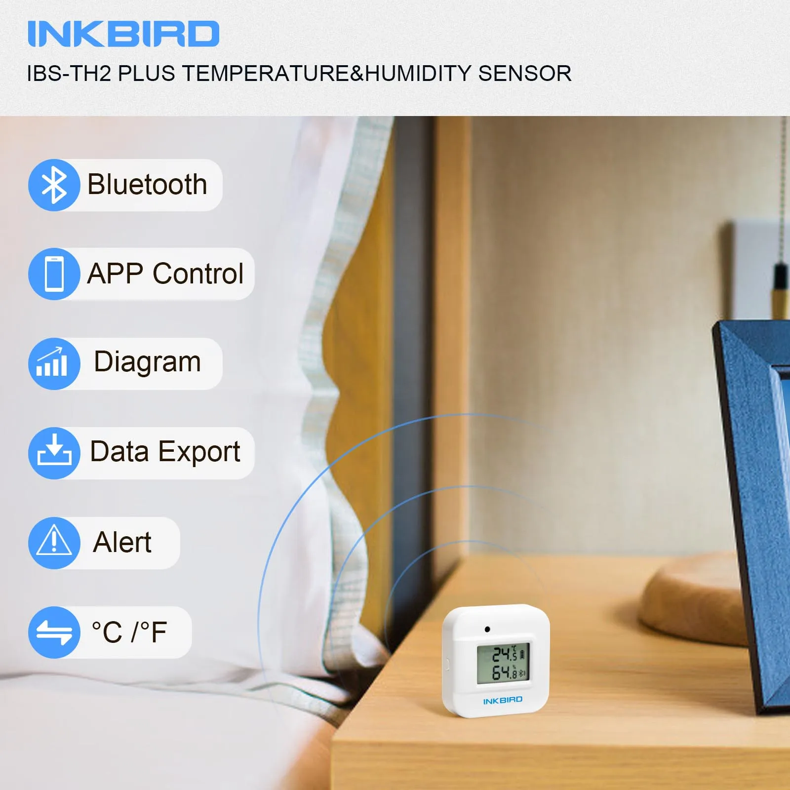 INKBIRD IBS-TH2 Plus Wireless Digital Temperature Humidity Monitor Thermometer Hygrometer with External Probe Brewing Meat Plant