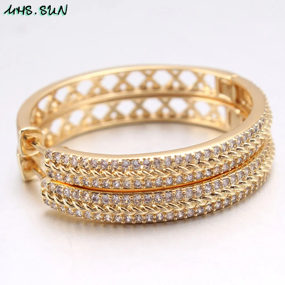 MHS.SUN Hollow Design Women Luxury Round Hoop Earrings Fashion Cubic Zirconia Gold Color Jewelry For Party Gift 1Pair Dropship