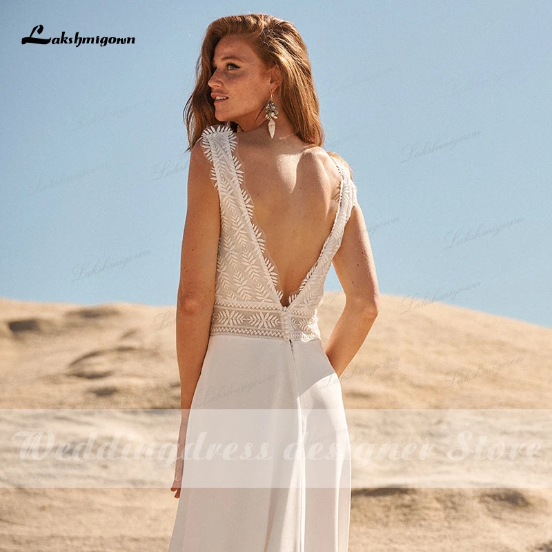 Nieuwe V-Hals Kant Boho Strand Trouwjurken Vrouwen Rugloze Chiffon Eenvoudig Een Lijn Bohemien Bruidsjurk Vestido De Novia