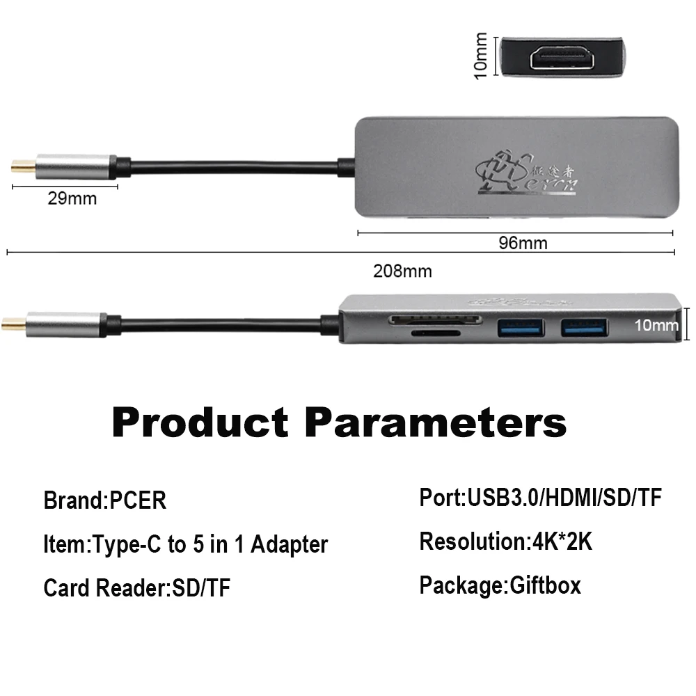 PCER USB-C HUB tipo C HUB a USB 3.0 tipo c adattatore HDMI lettore di schede SD/TF HUB tipo-c convertitore 5 in 1 Thunderbolt 3