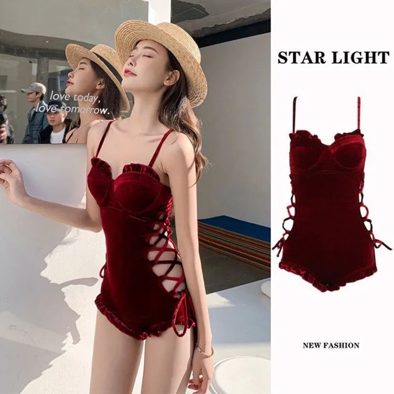 Retro Red Velvet One-Piece Swimsuit, Sexy Suspenders, Bikini, Slim, New, Summer