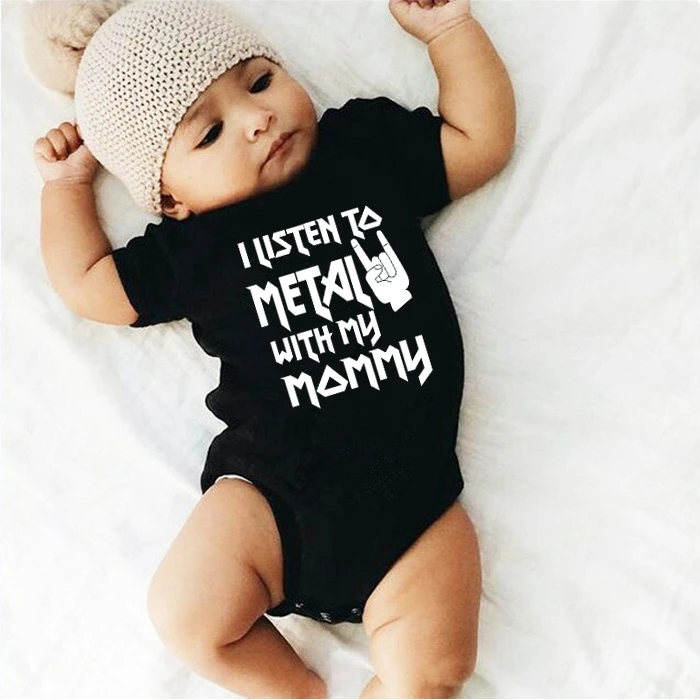 I Listen to Metal with My Daddy and Mommy Funny Newborn Baby Bodysuit Short Sleeve Body Baby Boy Girl Onesie Romper Clothes