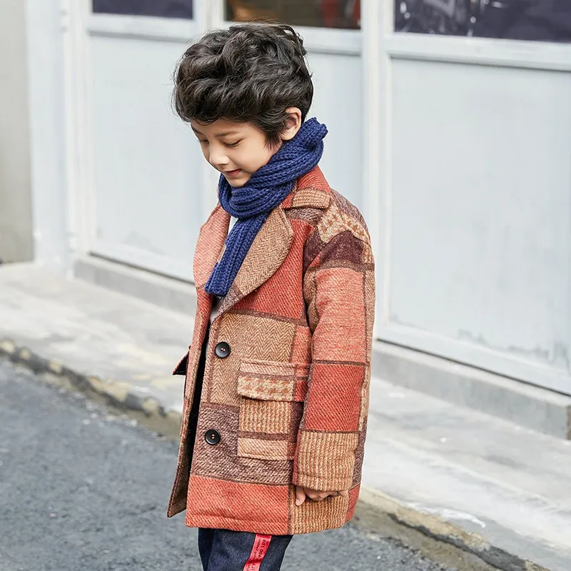 New Children's Woolen Clothes Spring Fall Boys Trendy Plaid Woollen Jacket Male Kids Cotton Padded Trench Coat Outerwear P148